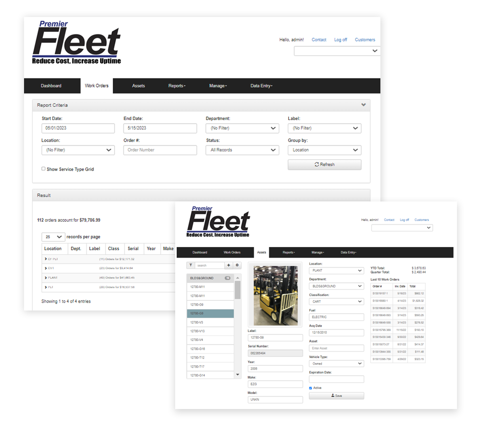Premier Fleet management software screen capture - material handling forklift fleet data