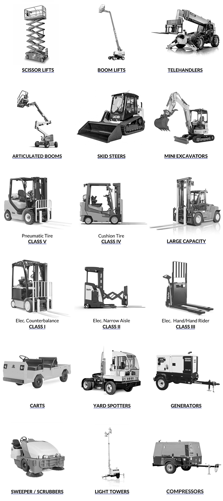 Image showing Material Handling and Construction Equipment for rent from Black Equipment's Evansville, Indiana branch. Their rental inventory includes: Scissor lifts for rent; Boom lifts for rent; Telehandlers for rent; Articulated booms for rent; skid steers for rent; mini excavators for rent; Class 5 pneumatic tire forklifts for rent; Large capacity forklifts for rent; Class 4 cushion tire forklifts for rent; Class 1 Electric Counterbalance forklifts for rent; Class 2 Electric narrow aisle forklifts for rent; Class 3 Hand & Hand Rider pallet jacks for rent; Personnel and Burden Carrier carts for rent; Yard spotters - Yard Jockeys for rent; generators for rent; industrial sweeper / scrubbers for rent; light towers for rent; and more.