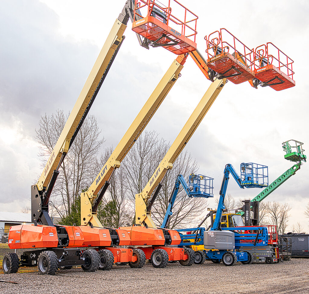 Contractor Equipment Rentals in Evansville Indiana. JLG. GENIE. JCB. Yale. Ramps. Trailers. Generators. Air Compressors. Light Towers. Boom Lifts. Scissor Lifts. High Capacity Pneumatic Tire Forklifts, Telehandlers (Reach Trucks). Articulated Booms. Skid Steers. Mini Excavators.